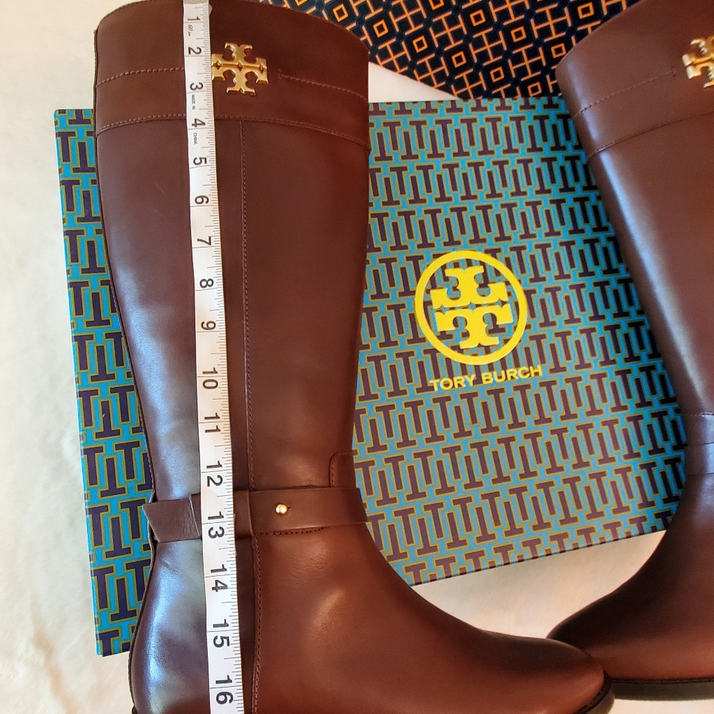 ⭐️SALE⭐️ NEW WITH TAG! TORY BURCH Everly Riding Boots Calf Leather Dark Almond - Picture 7 of 13
